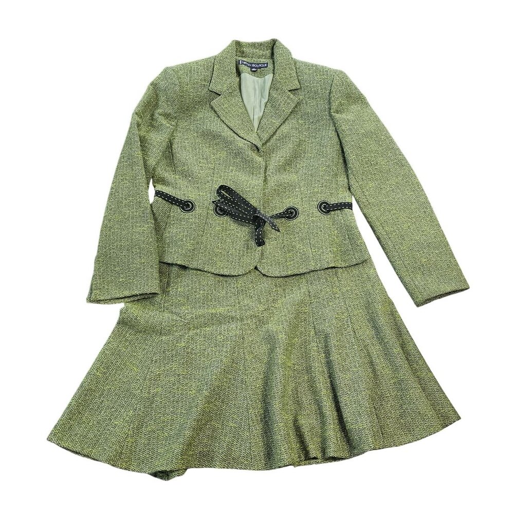 Green Tweedish Belted Blazer and Skirt Set